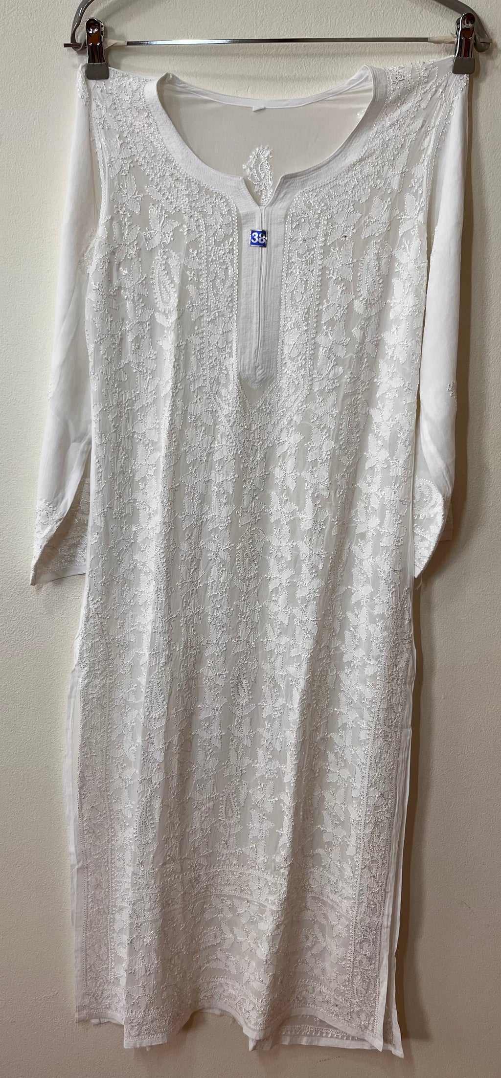 Long Kurti - Chiffon Lucknawi Chikankari - White