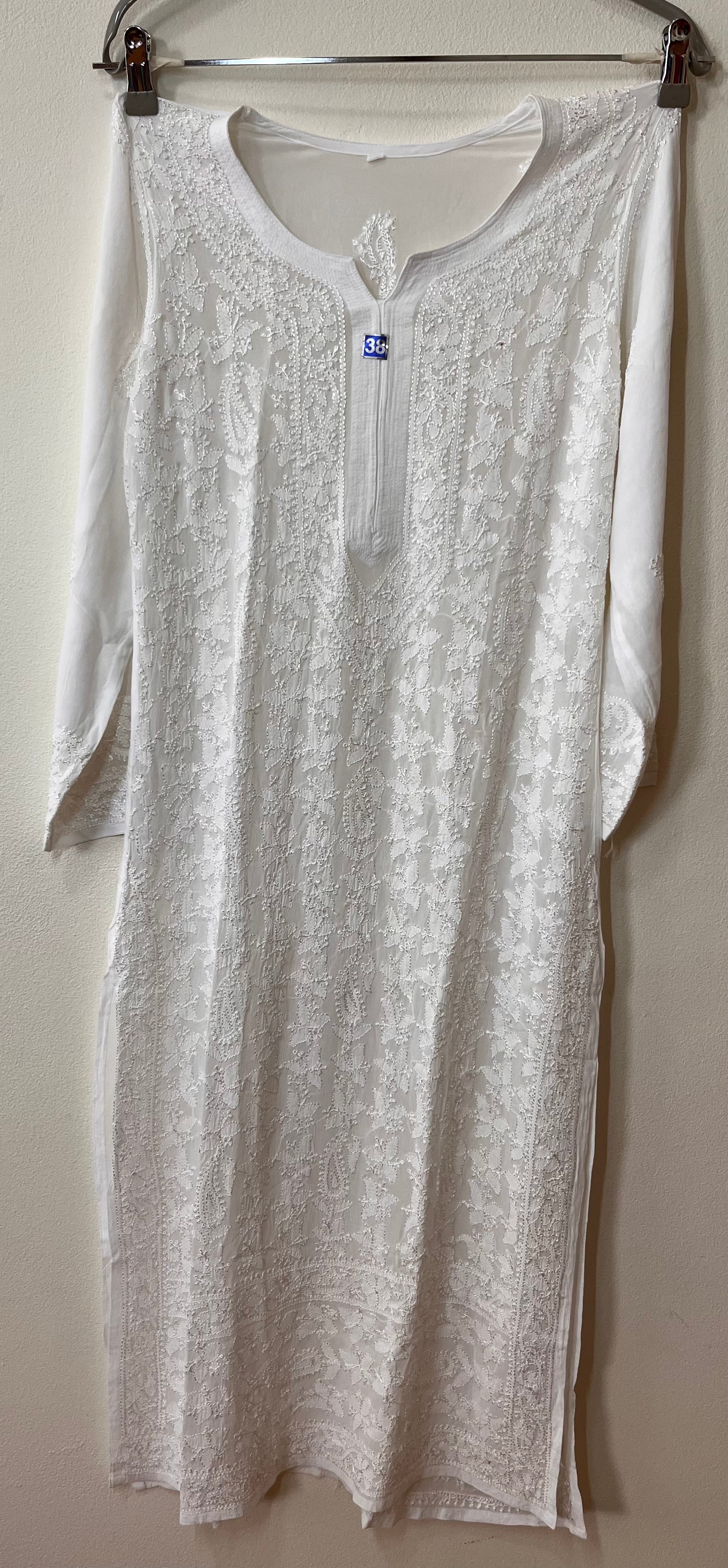 Long Kurti - Chiffon Lucknawi Chikankari - White