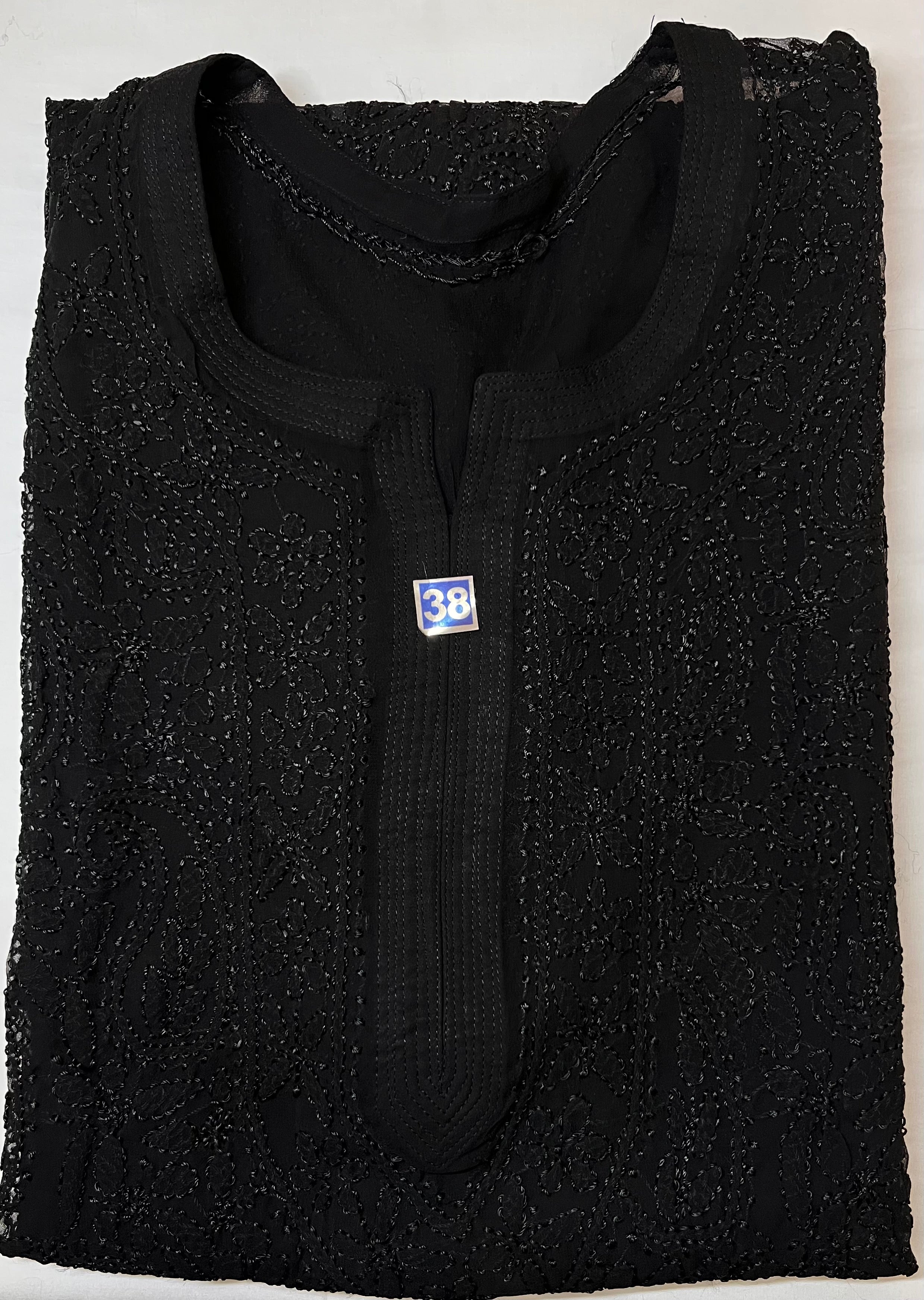 Long Kurti - Chiffon Lucknawi Chikankari - Jet Black