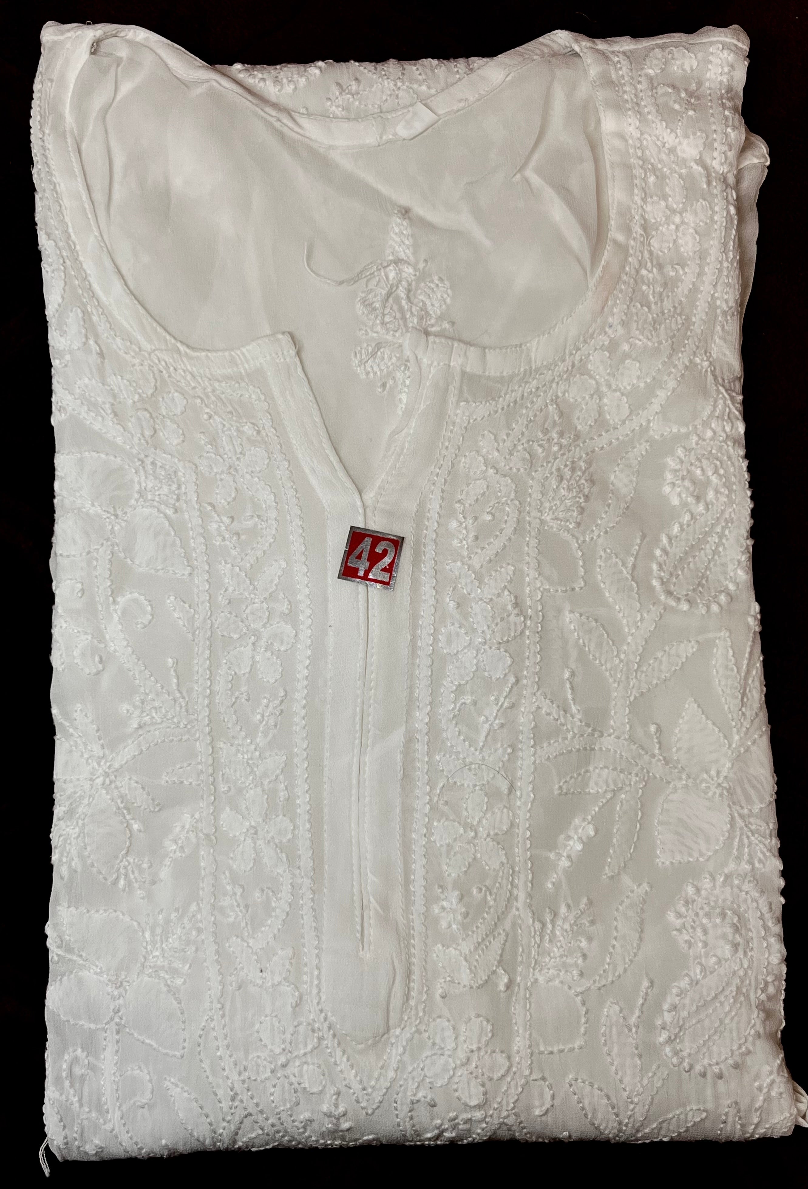 Long Kurti - Chiffon Lucknawi Chikankari - White