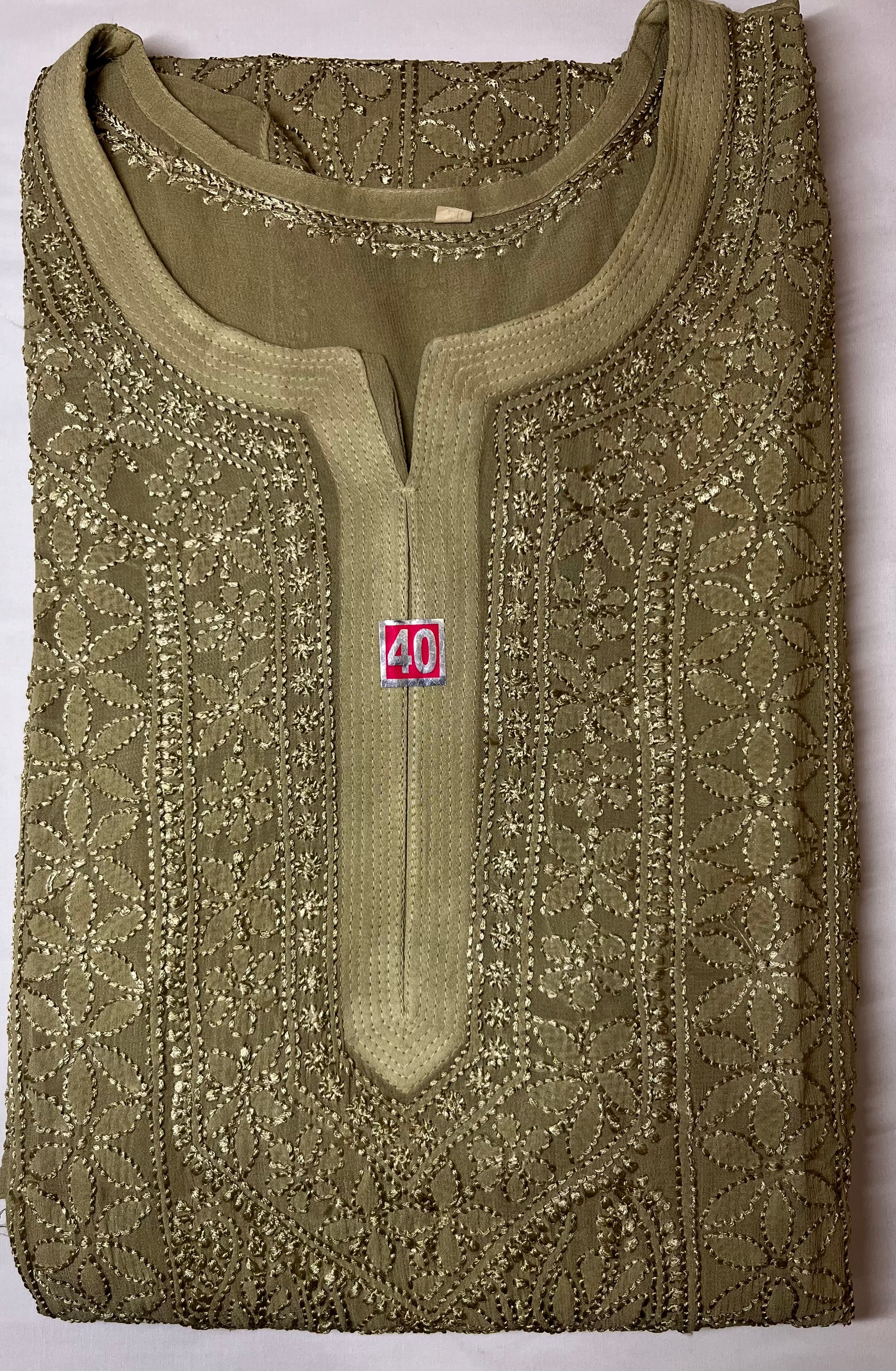 Long Kurti - Chiffon Lucknawi Chikankari - Olive Beige